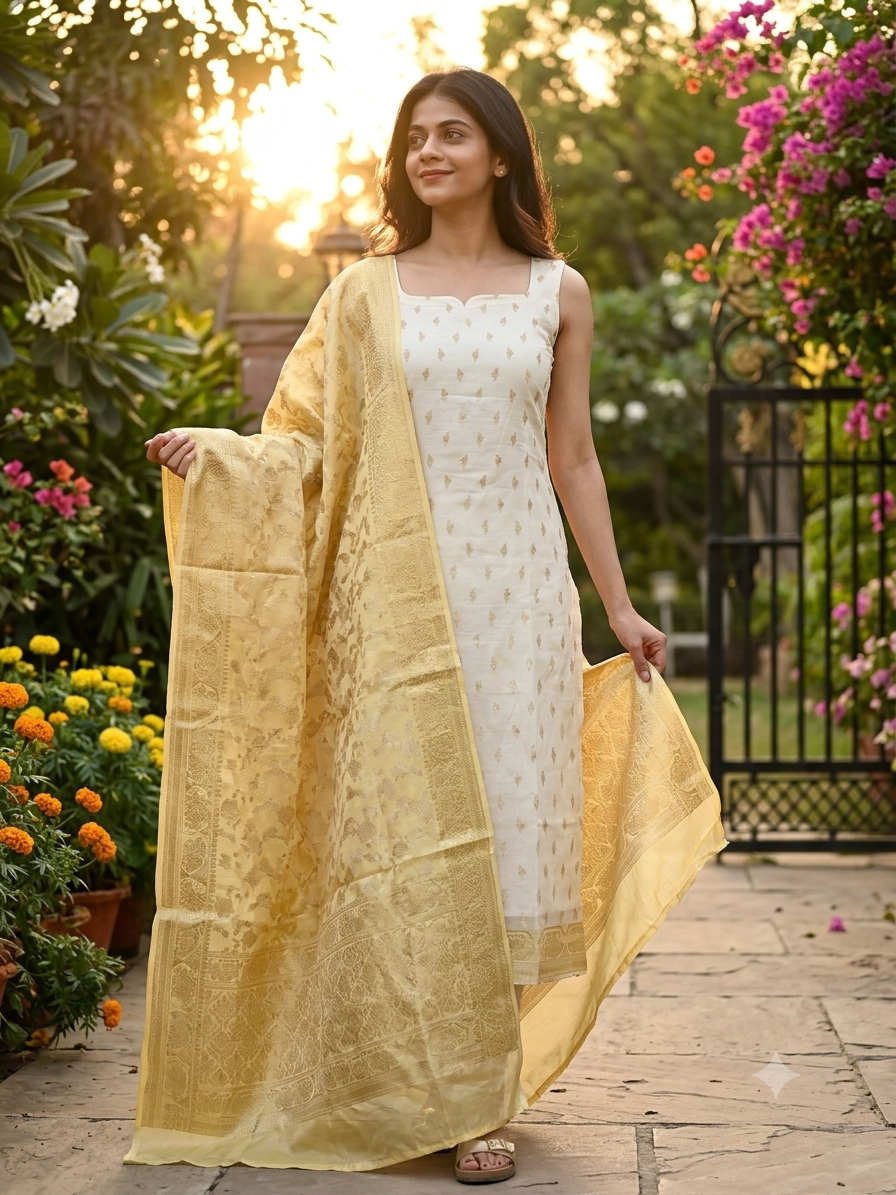 Ivory Gold Banarasi Kurta & Dupatta Set