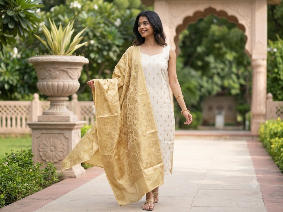 Ivory Gold Banarasi Kurta & Dupatta Set