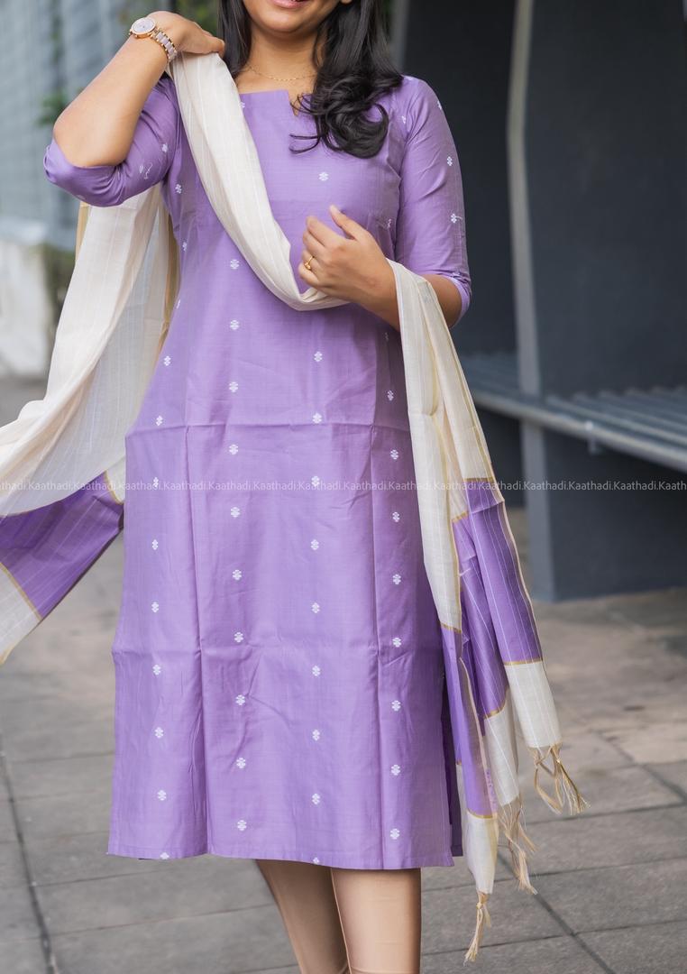 Lilac raw silk Cotton Kurta with Dupatta