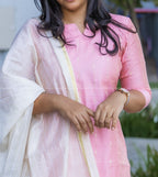 Pink Raw Silk Cotton Kurta with Dupatta