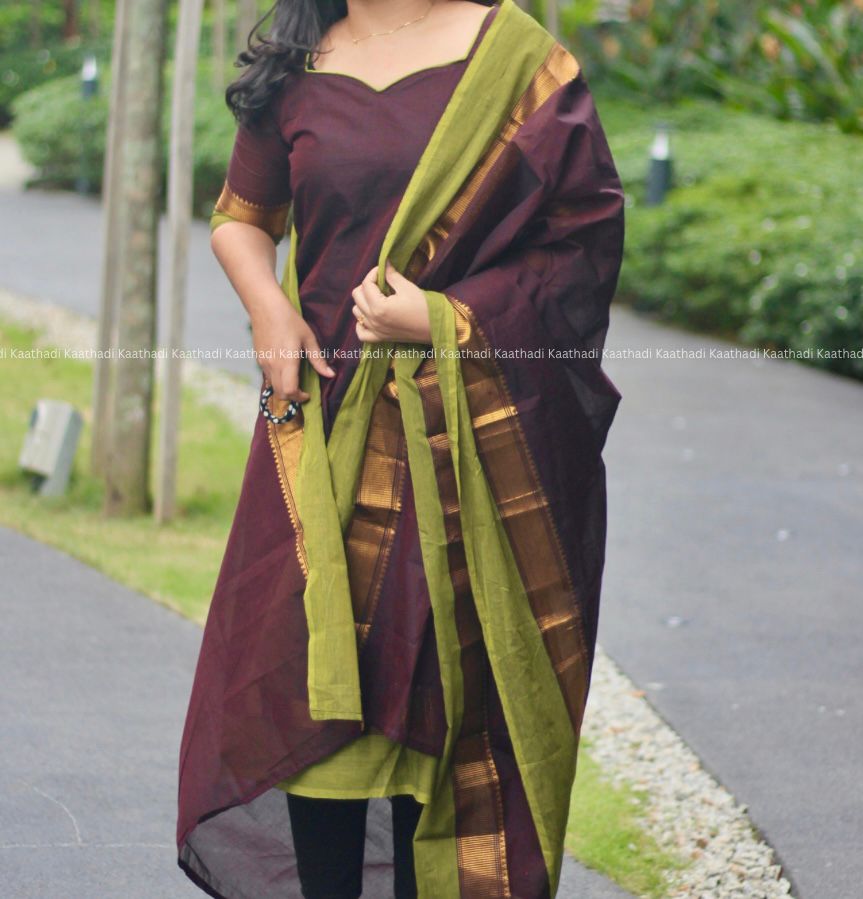Maroon & Green Chettinad Cotton Kurta with Dupatta