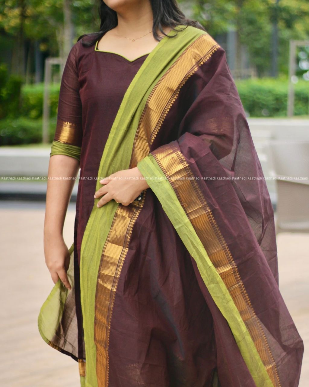 Maroon & Green Chettinad Cotton Kurta with Dupatta