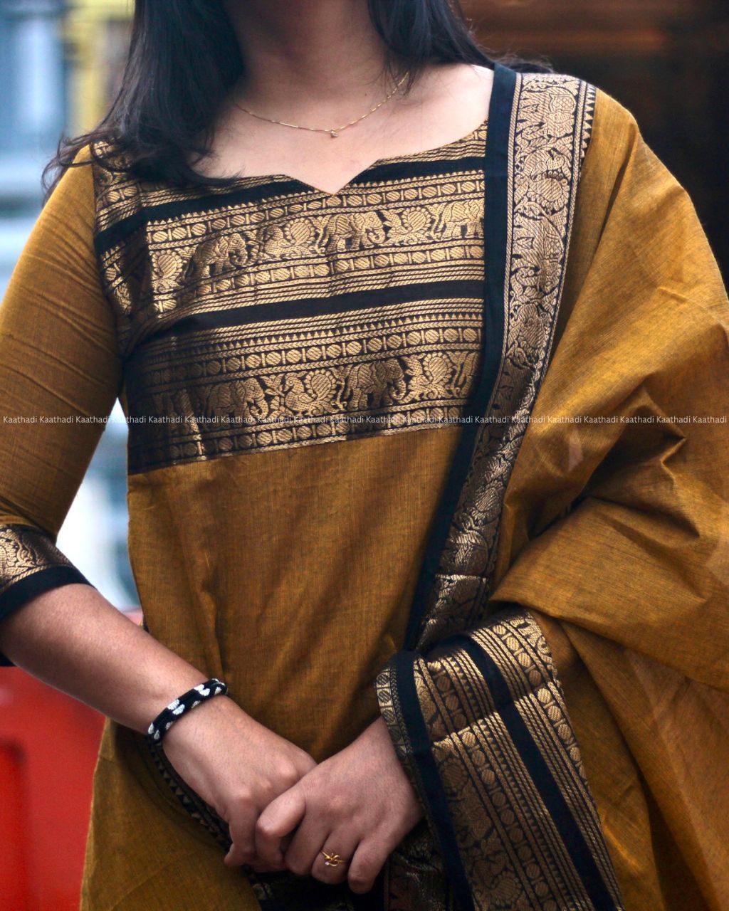 Mustard Chettinad Cotton kurta with Dupatta