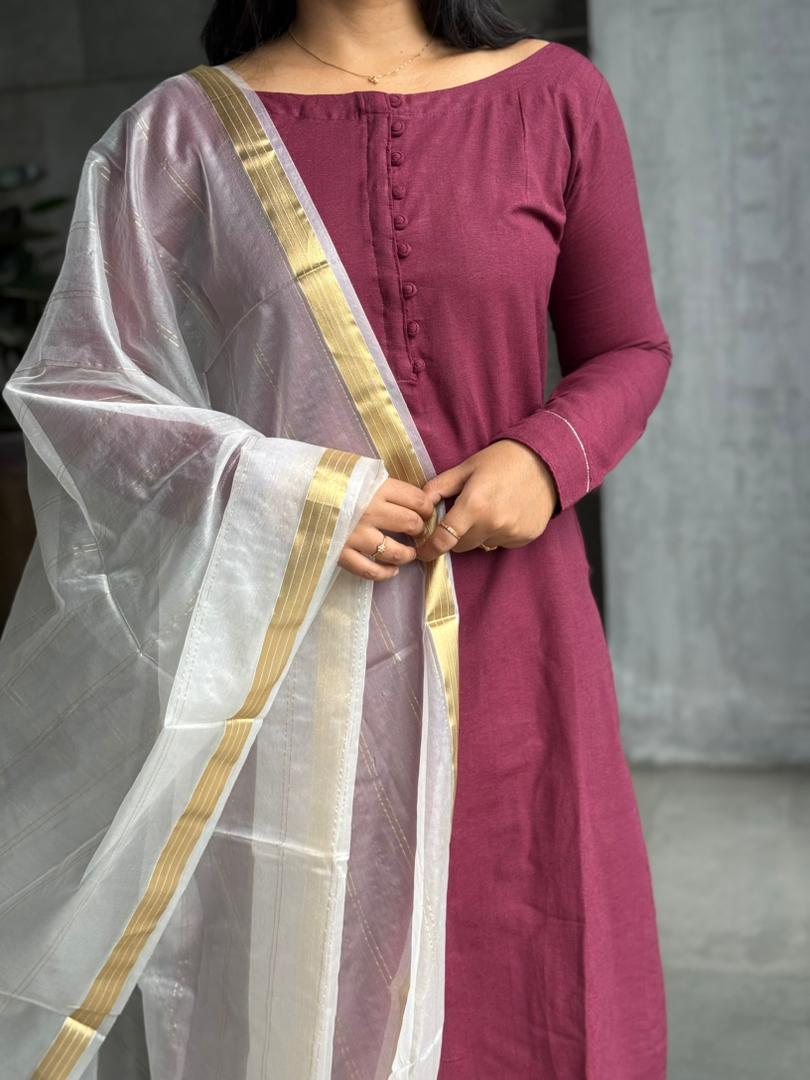 wine-maroon Cotton Kurta set