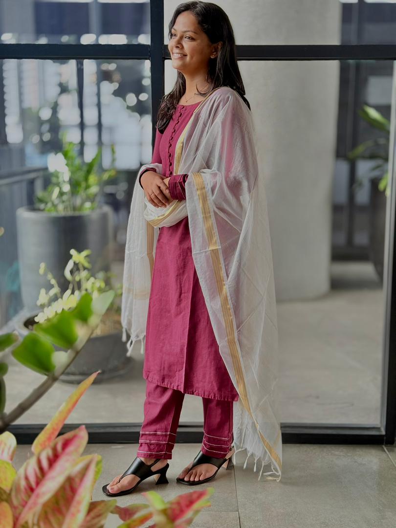 wine-maroon Cotton Kurta set