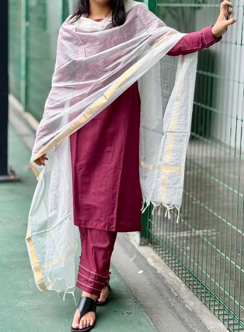 wine-maroon Cotton Kurta set