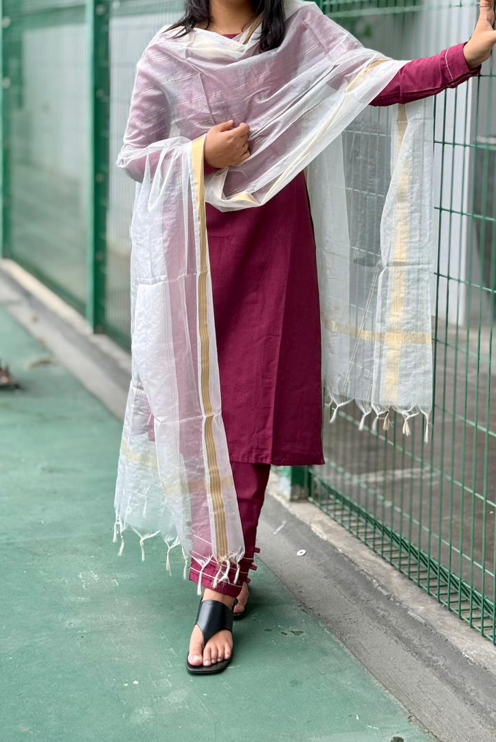 wine-maroon Cotton Kurta set