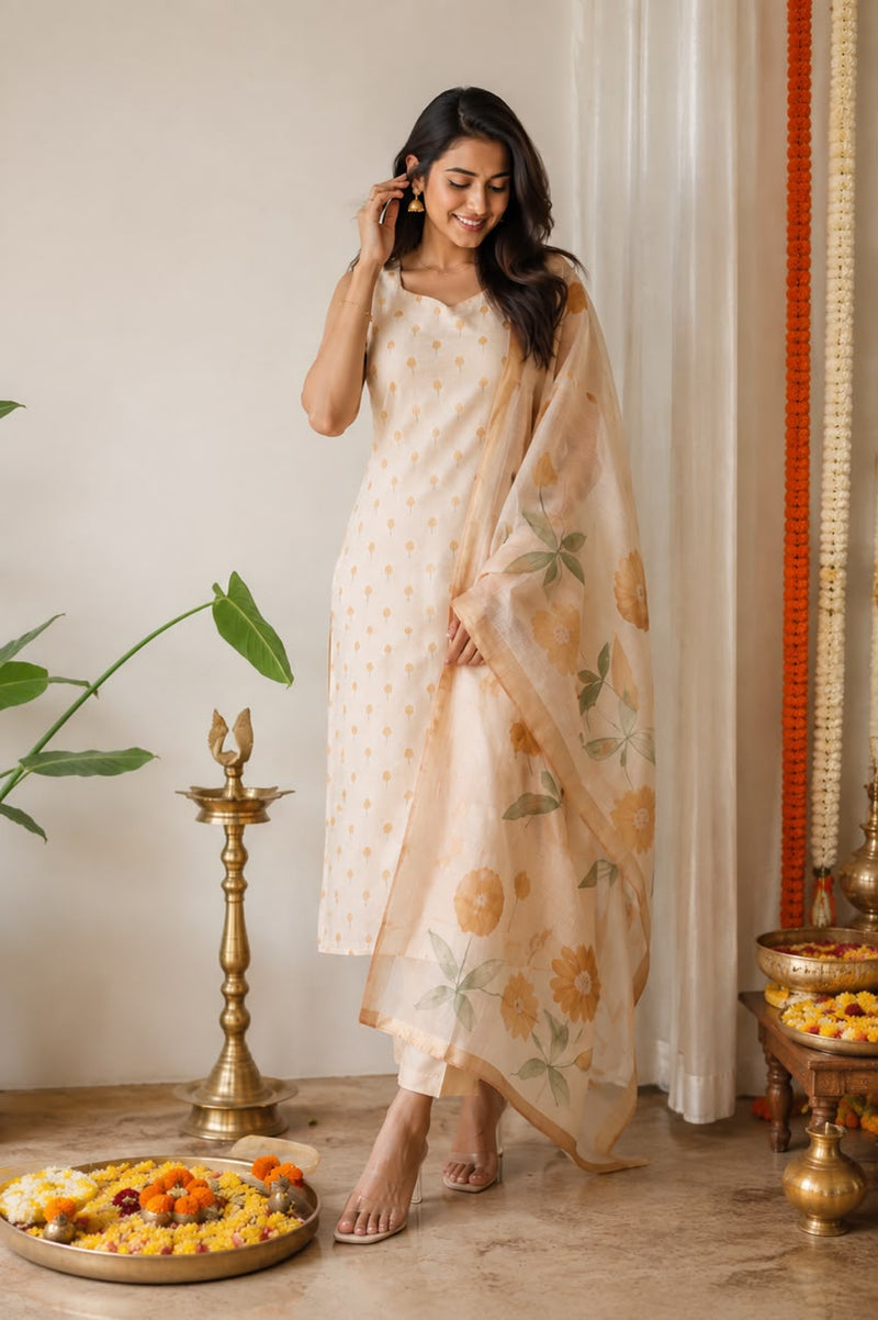 Ivory Bloom Cotton Kurta Set