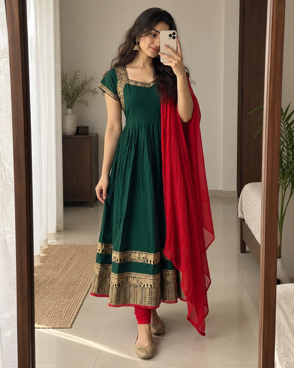 Green Narayanpet Cotton Anarkali with Red Dupatta