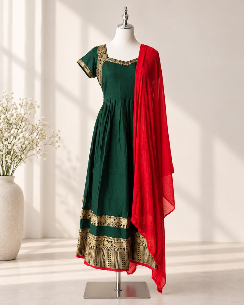 Green Narayanpet Cotton Anarkali with Red Dupatta