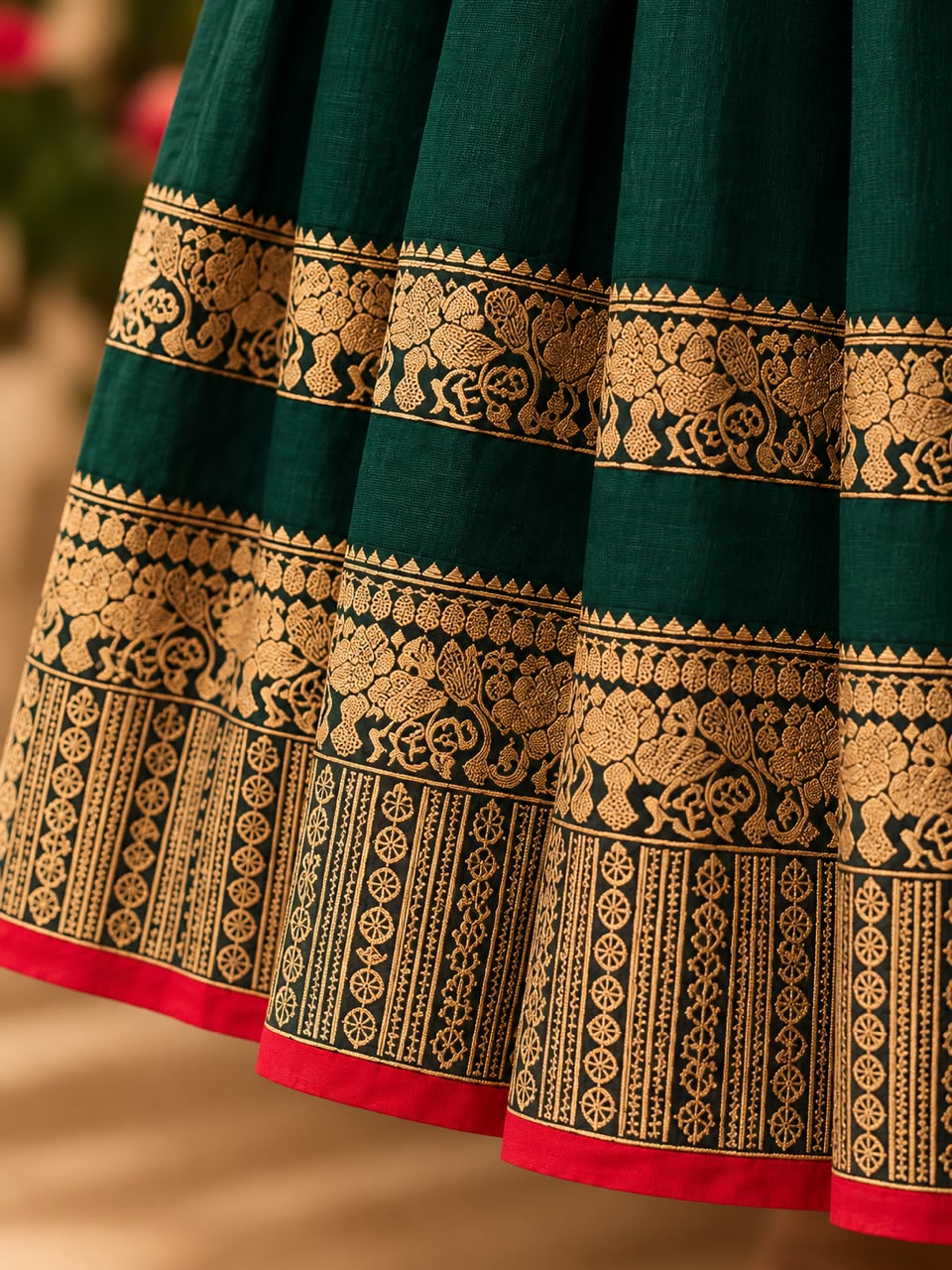 Green Narayanpet Cotton Anarkali with Red Dupatta