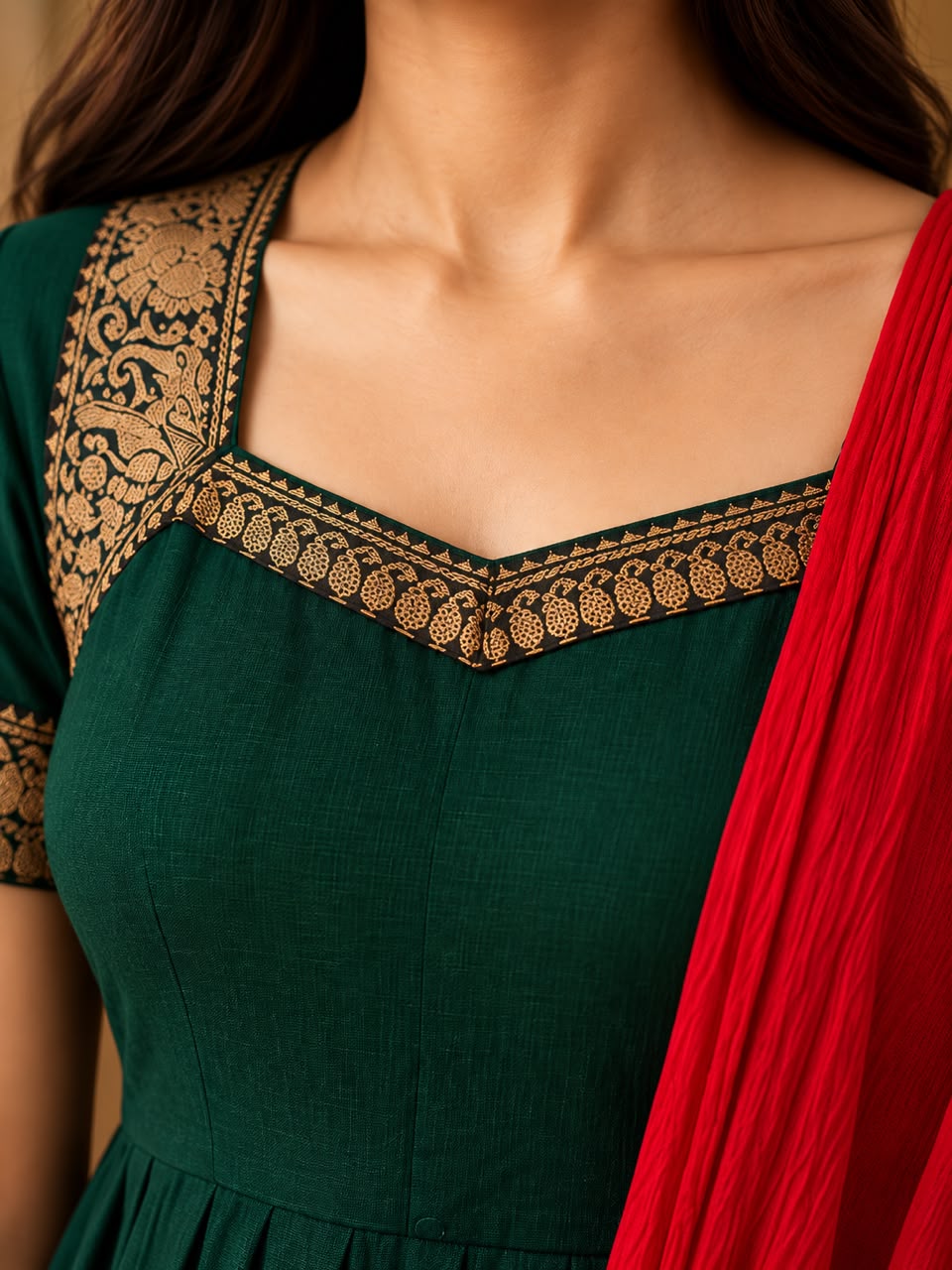 Green Narayanpet Cotton Anarkali with Red Dupatta