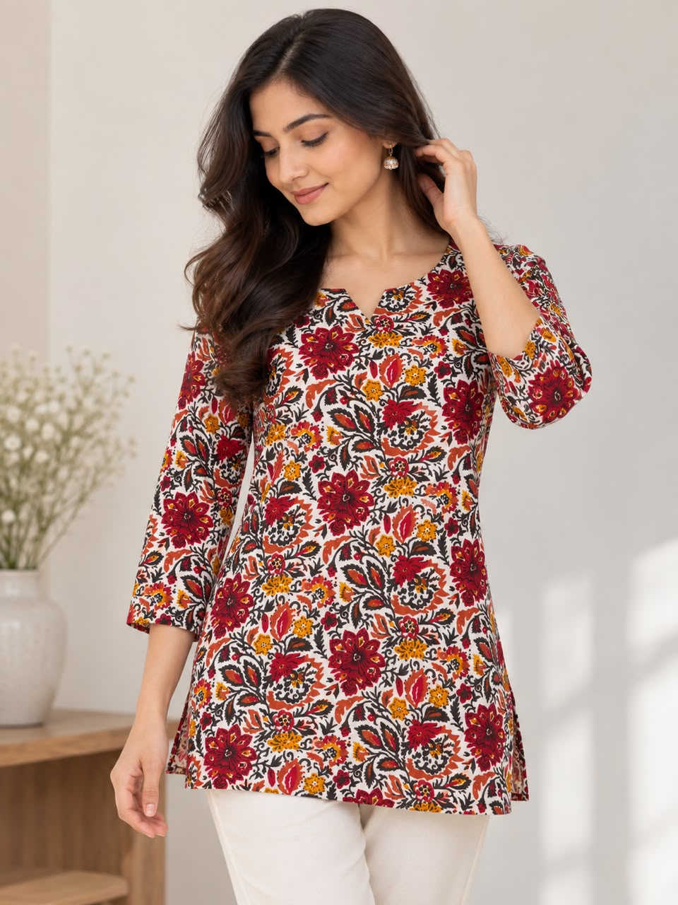 Ivory Red Floral Short Top