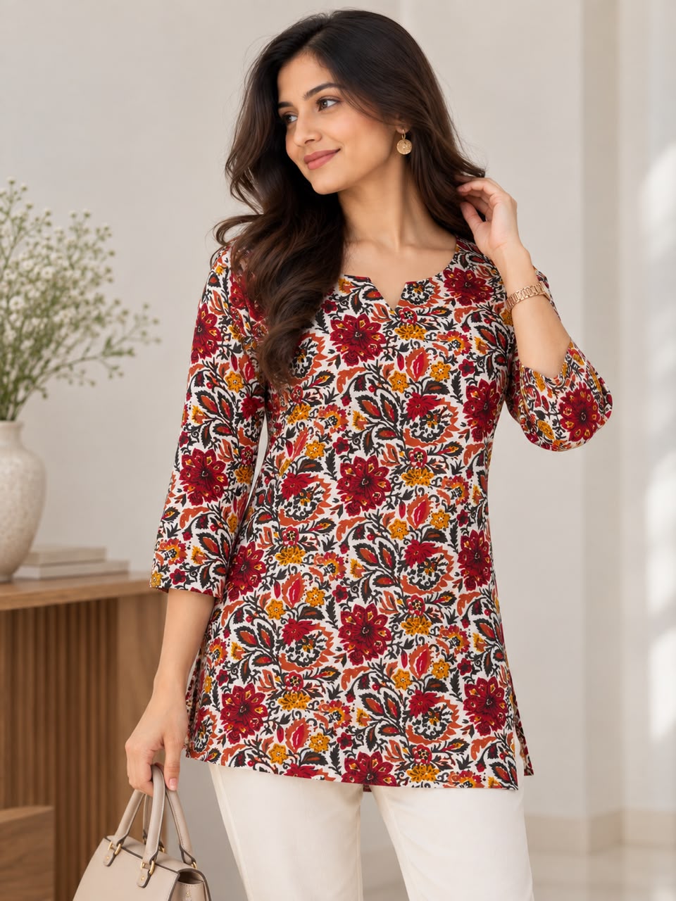 Ivory Red Floral Short Top