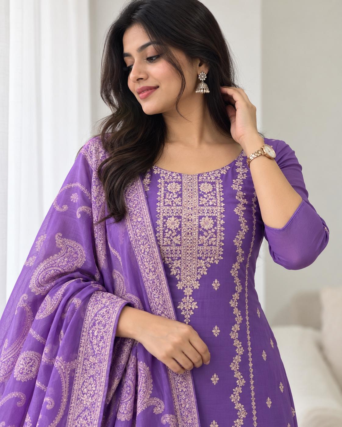 Banarasi Organza A-Line Kurti – Purple
