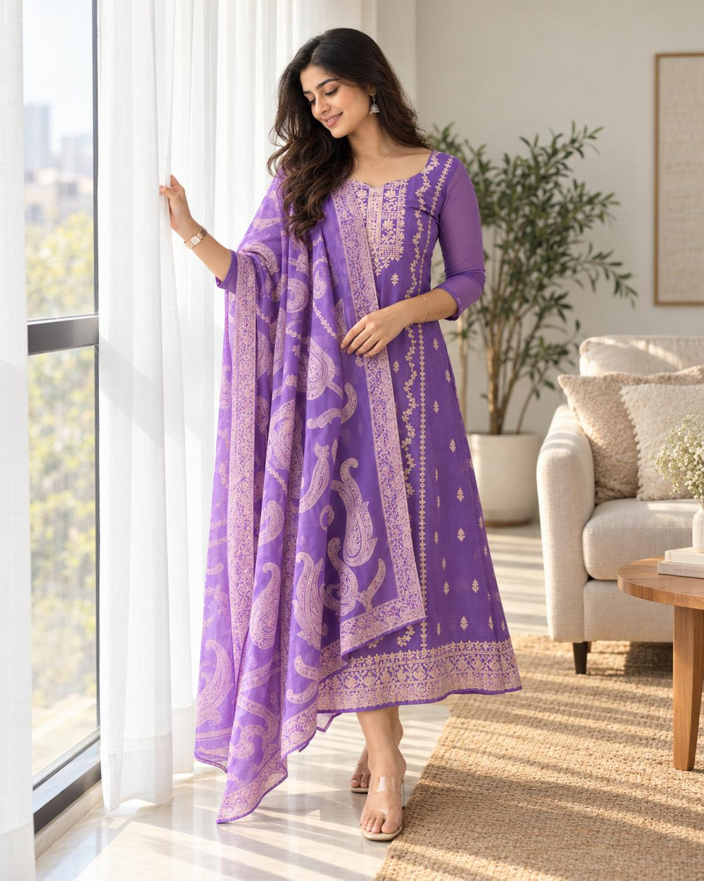 Banarasi Organza A-Line Kurti – Purple