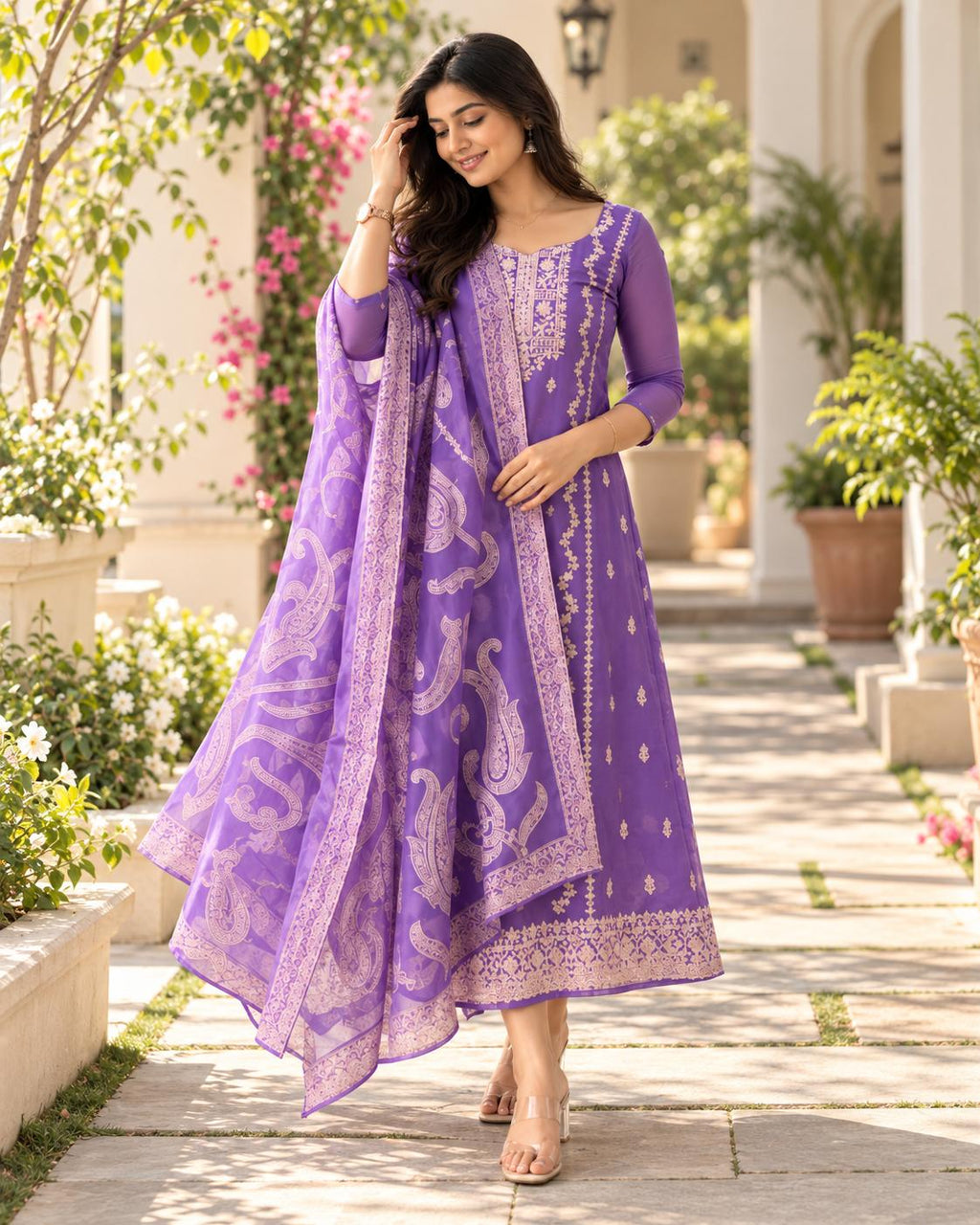 Banarasi Organza A-Line Kurti – Purple