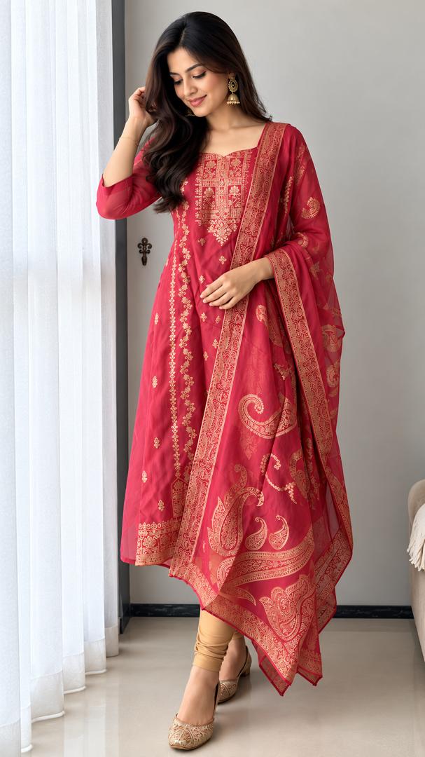 Banarasi Organza A-Line Kurti – Pink