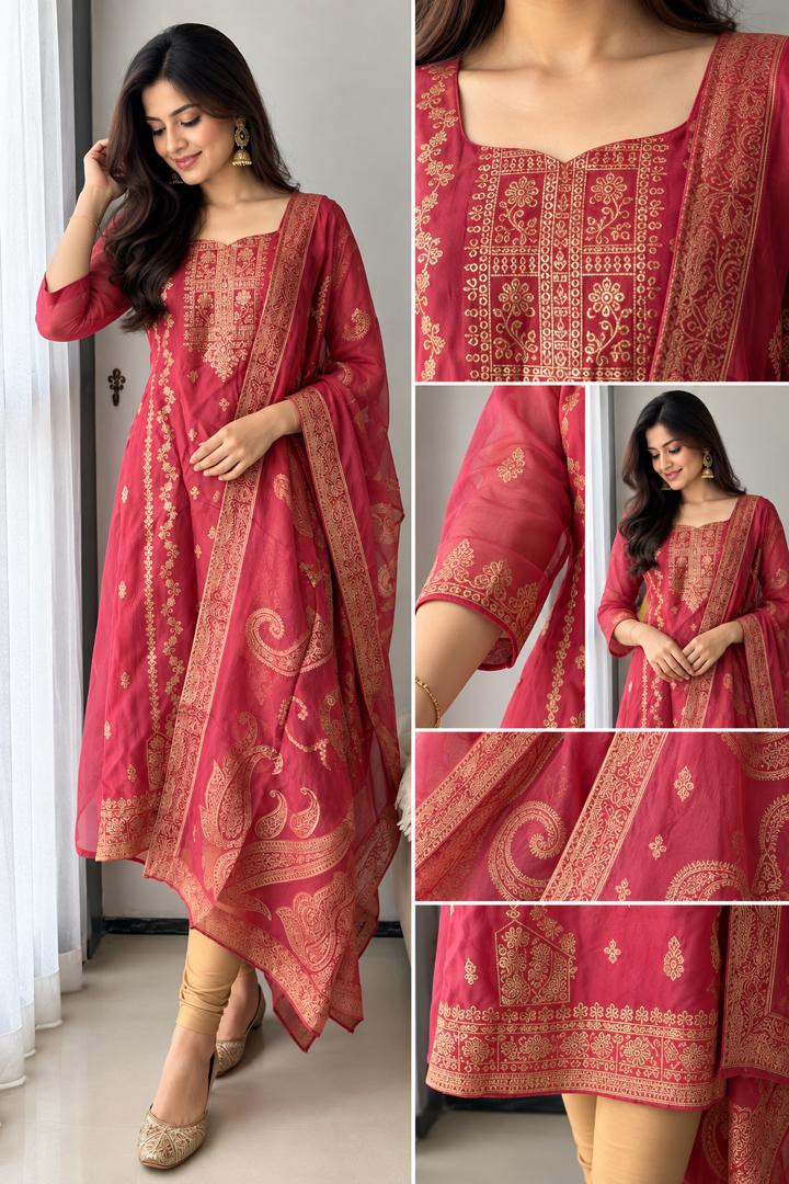 Banarasi Organza A-Line Kurti – Pink