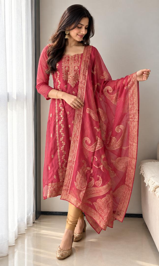 Banarasi Organza A-Line Kurti – Pink