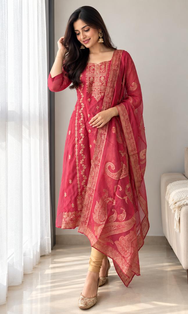 Banarasi Organza A-Line Kurti – Pink