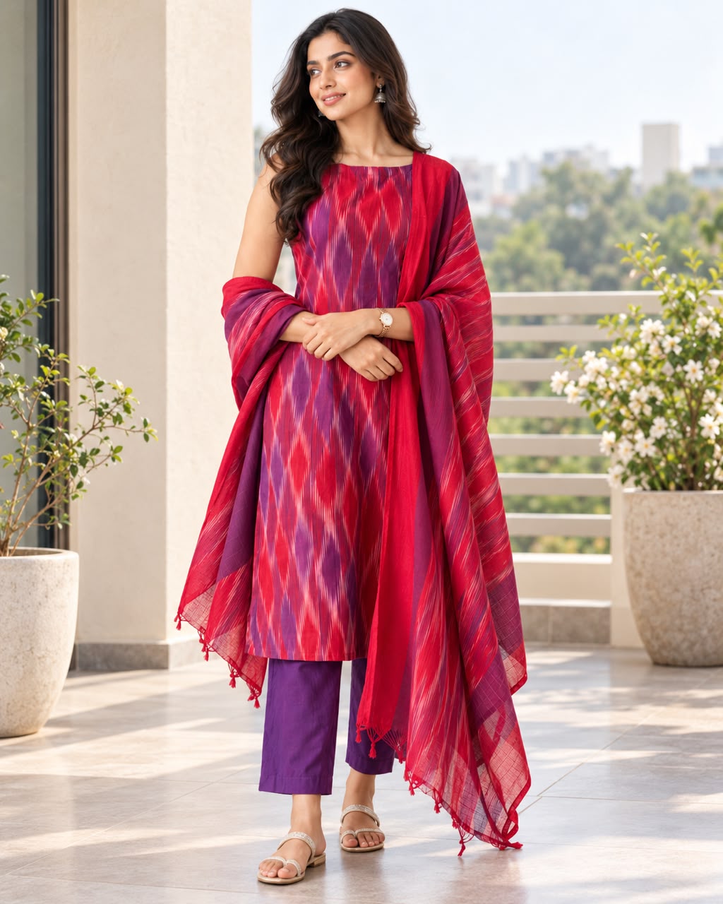 Bright Red and purple Ikkat Kurta set