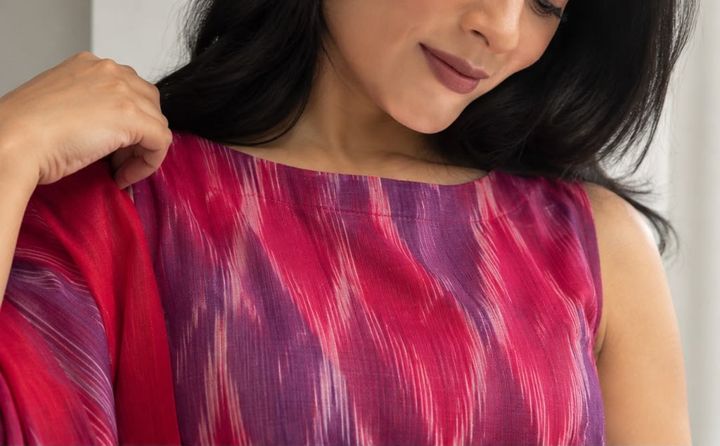 Bright Red and purple Ikkat Kurta set