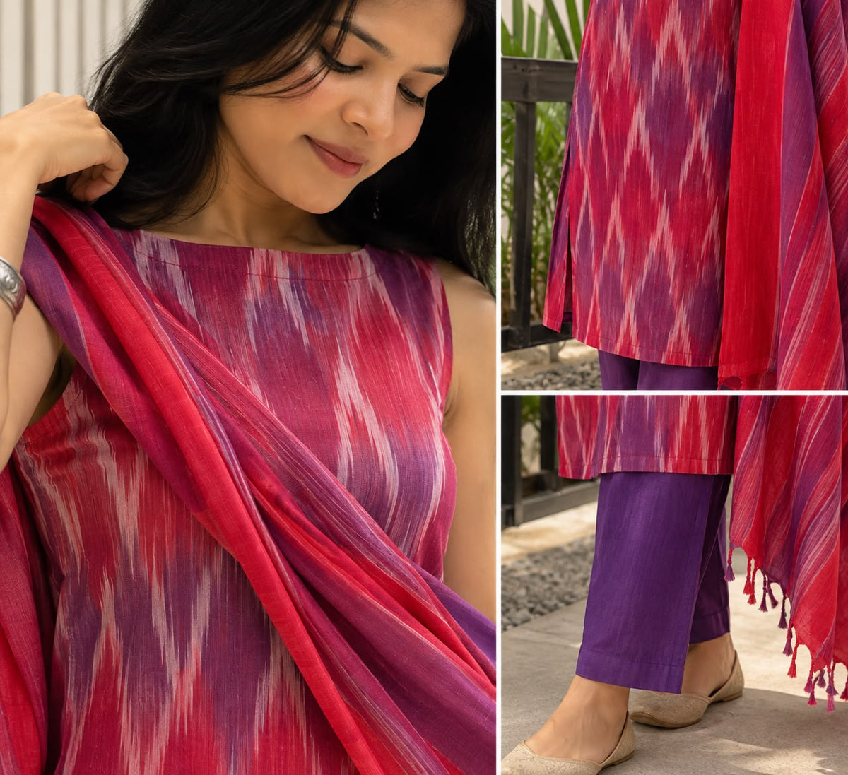 Bright Red and purple Ikkat Kurta set