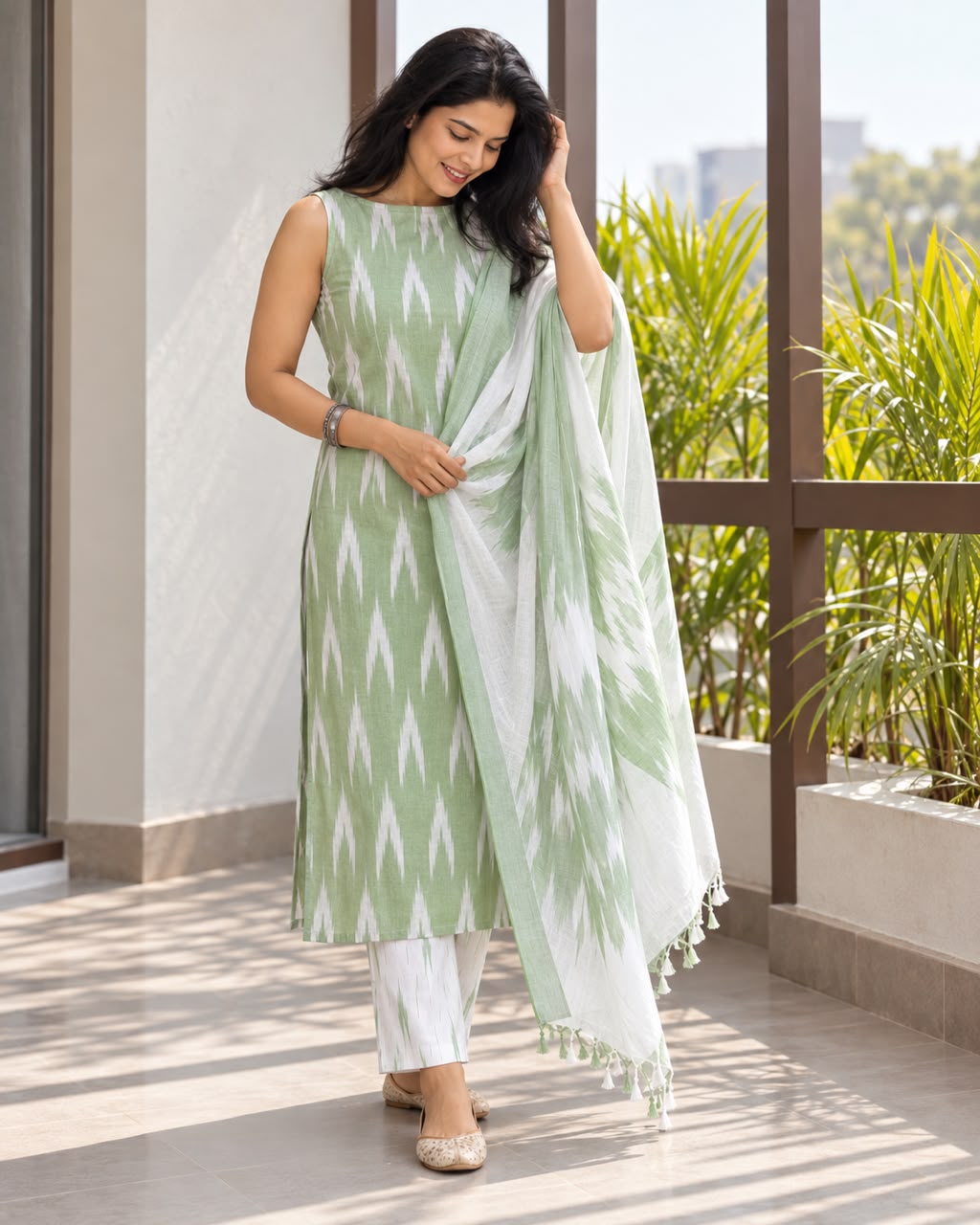 Pastel Green Ikkat cotton kurta set