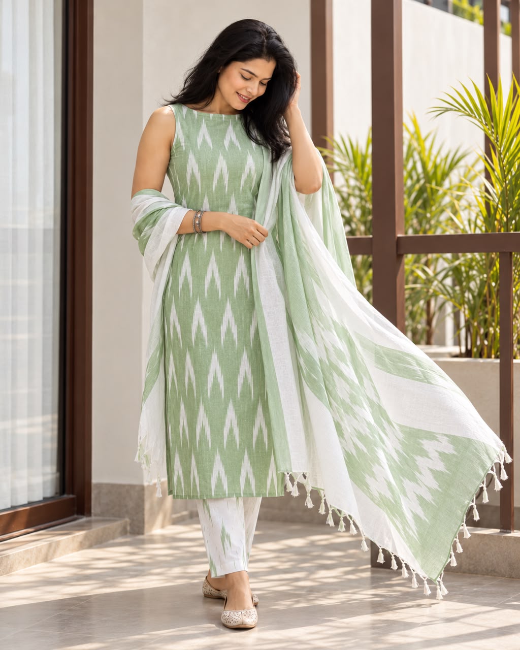 Pastel Green Ikkat cotton kurta set