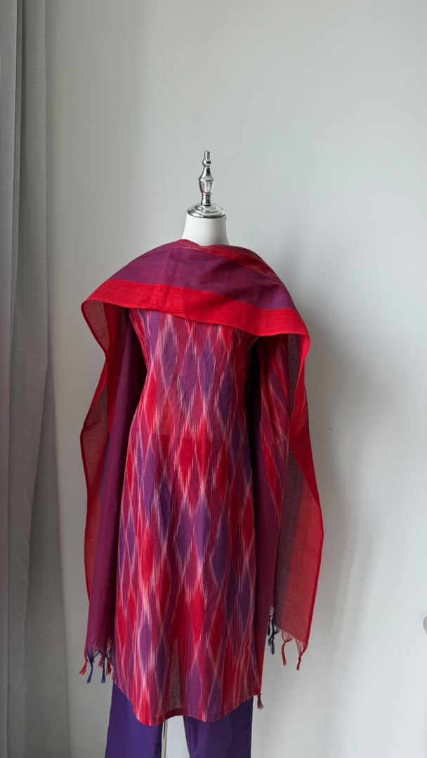 Bright Red and purple Ikkat Kurta set