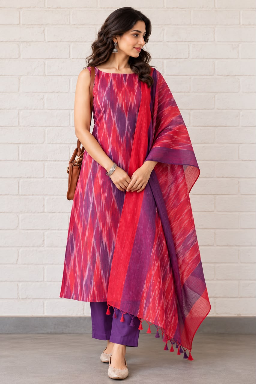 Bright Red and purple Ikkat Kurta set
