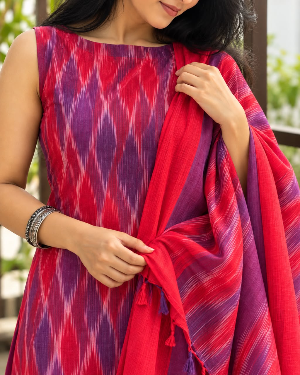 Bright Red and purple Ikkat Kurta set