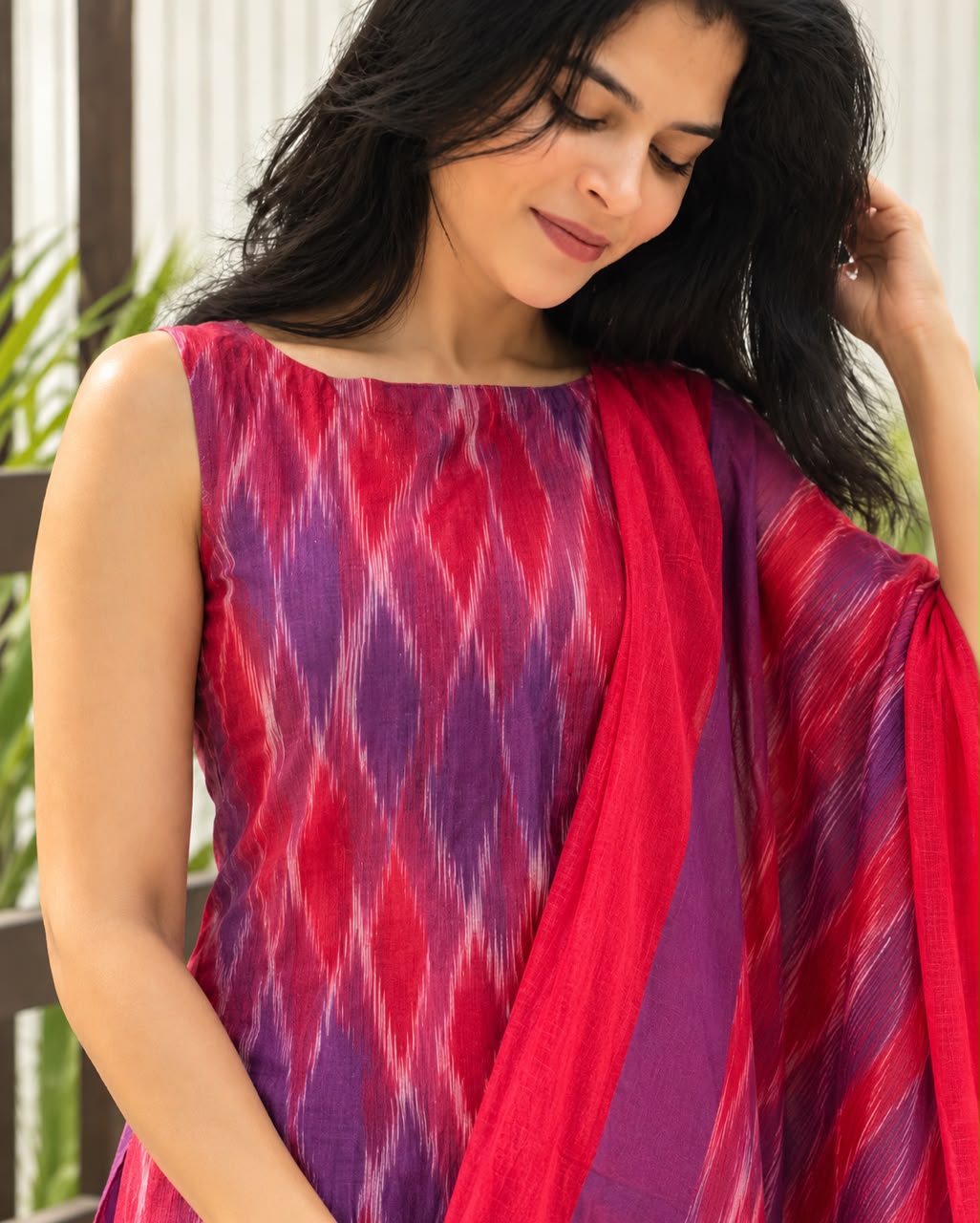 Bright Red and purple Ikkat Kurta set