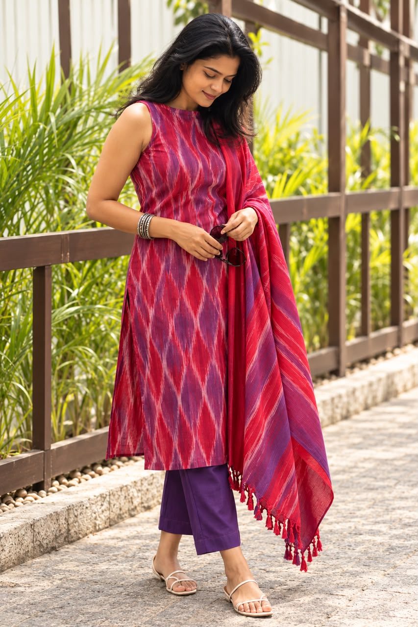 Bright Red and purple Ikkat Kurta set