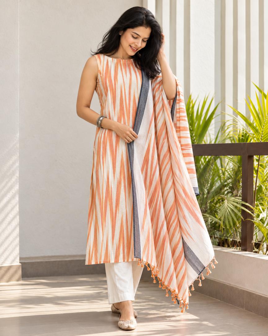 pastel Orange Ikkat kurta set