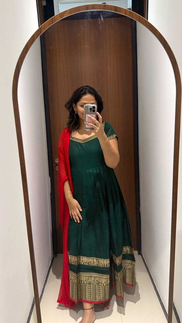 Green Narayanpet Cotton Anarkali with Red Dupatta