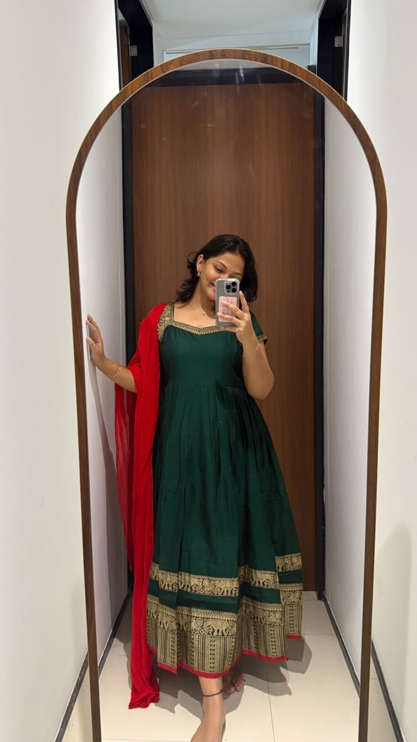 Green Narayanpet Cotton Anarkali with Red Dupatta