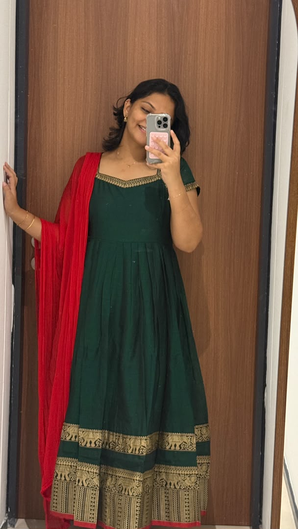 Green Narayanpet Cotton Anarkali with Red Dupatta