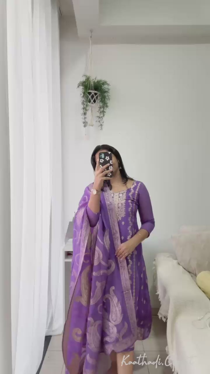 Banarasi Organza A-Line Kurti – Purple